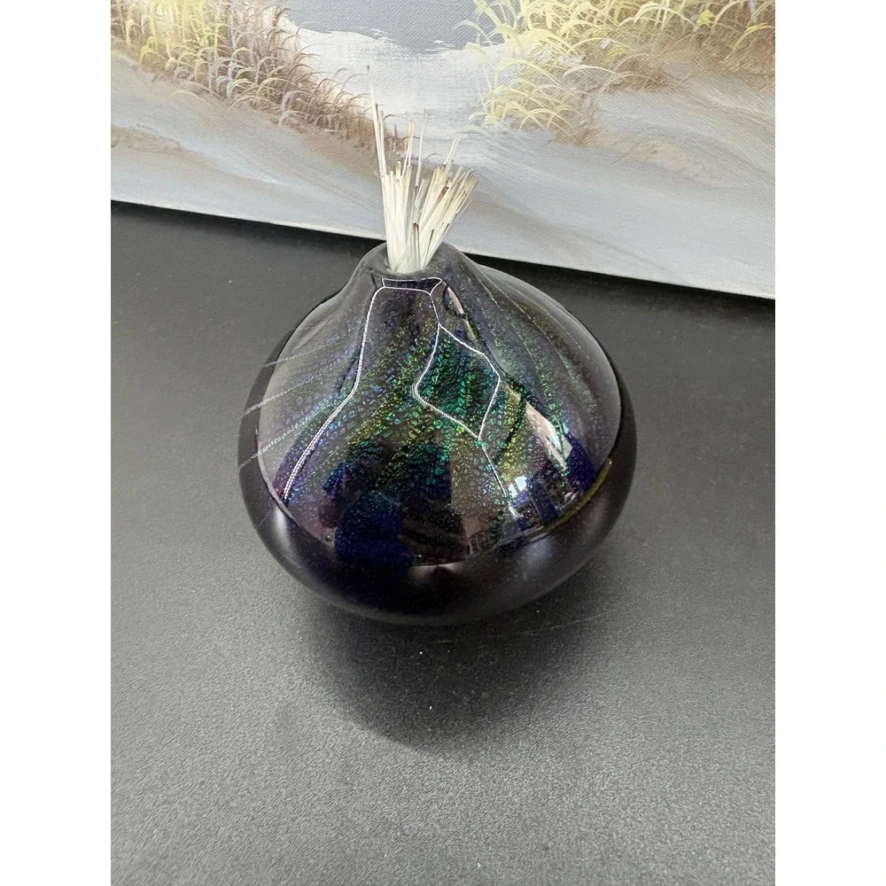 Maytum Studio 1994 Iridescent Art Glass Paperweight Oil Lamp  Blue Green